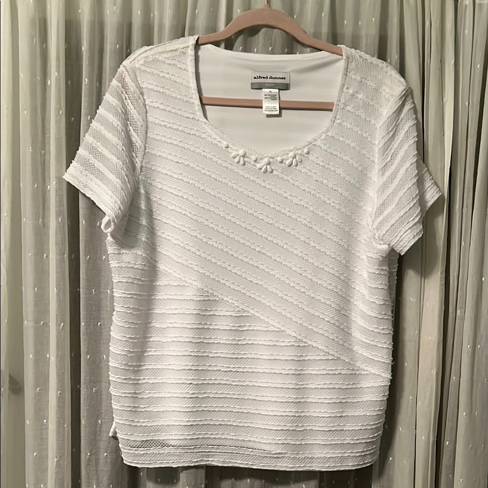 Alfred Dunner PL White Textured Women's Top with sheer under layer.